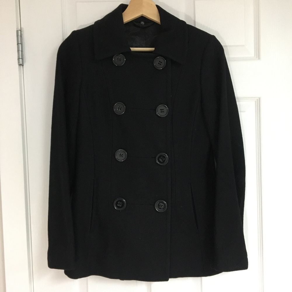 Le Chateau black wool blend peacoat, size XXS.